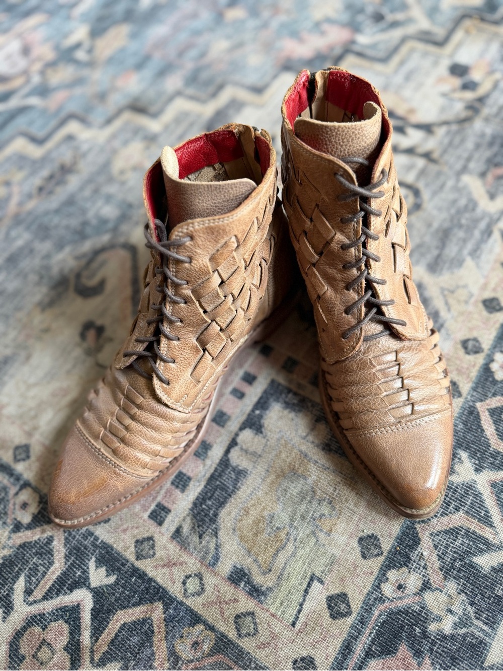 Bed Stu Loretta Boots Women's 7 Tan Brown leather Woven Cap Toe Lace Up Booties